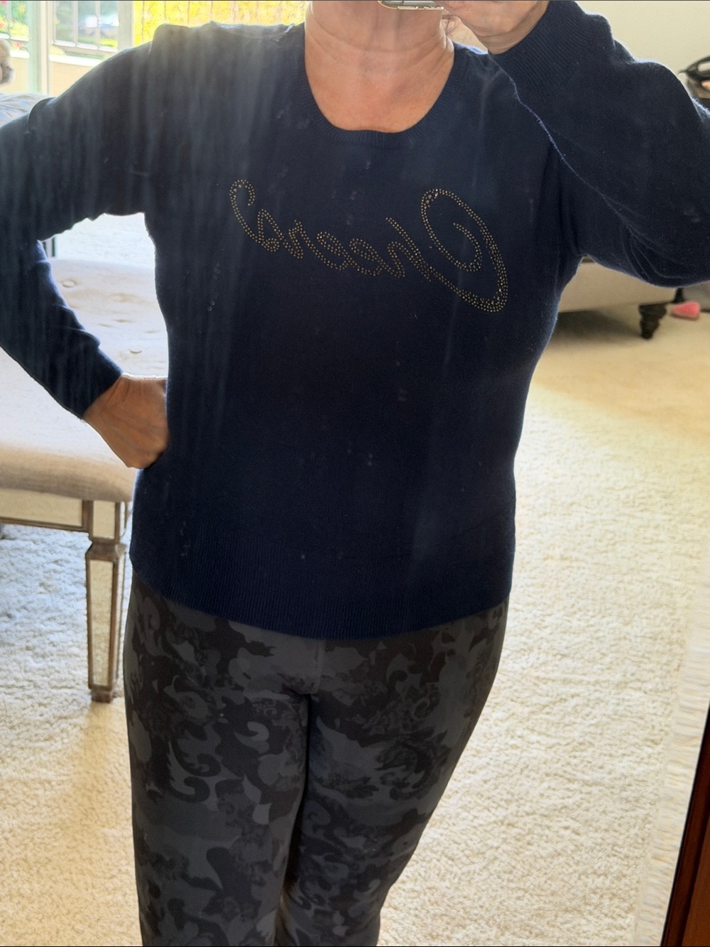 White House Black Market Navy Crewneck Sweater with Studded “Cheers” Script